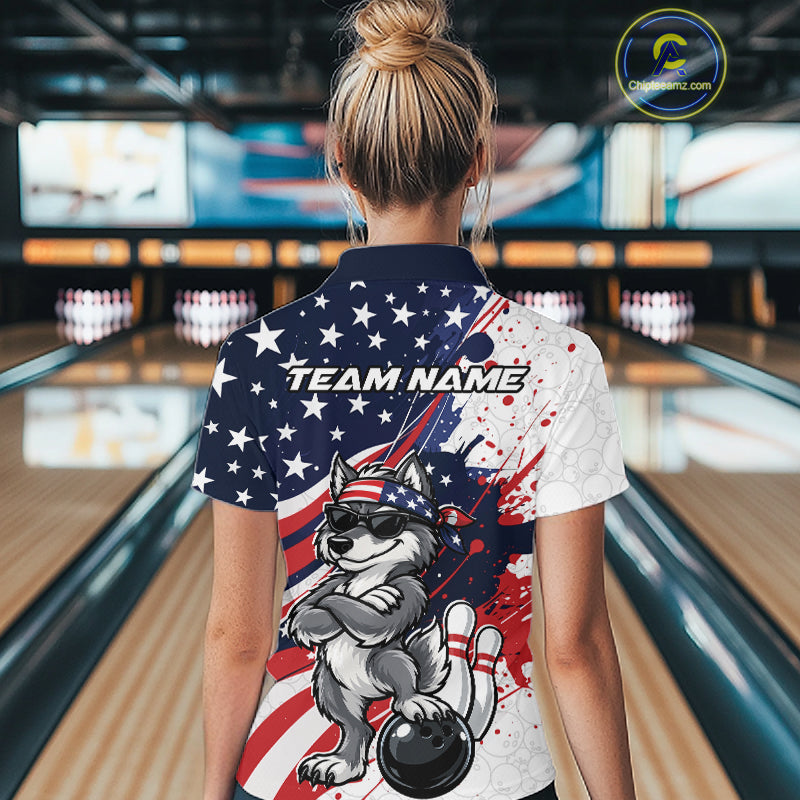 Splatter American Flag Custom Funny Patriotic Wolf Bowling Polo Shirt, Team Uniform