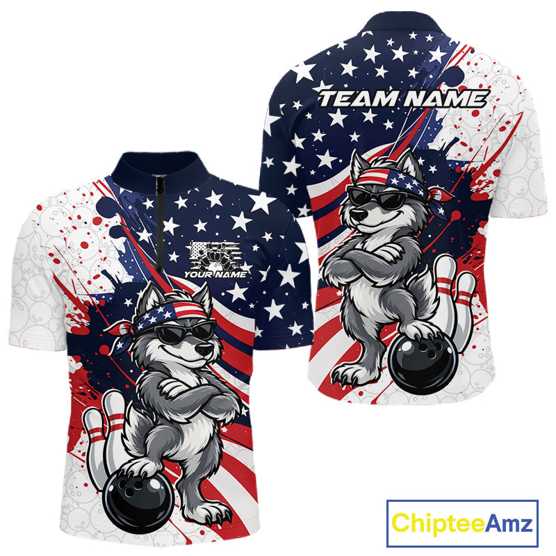 Splatter American Flag Custom Funny Patriotic Wolf Bowling Quarter Zip Shirt, Team Uniform