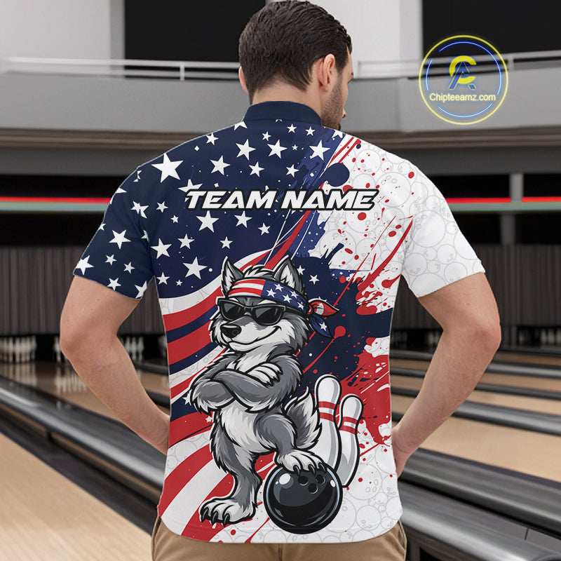 Splatter American Flag Custom Funny Patriotic Wolf Bowling Quarter Zip Shirt, Team Uniform