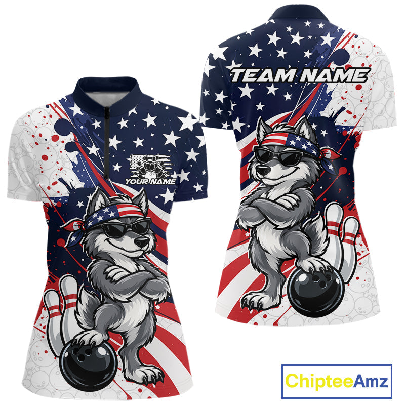 Splatter American Flag Custom Funny Patriotic Wolf Bowling Quarter-Zip Shirt