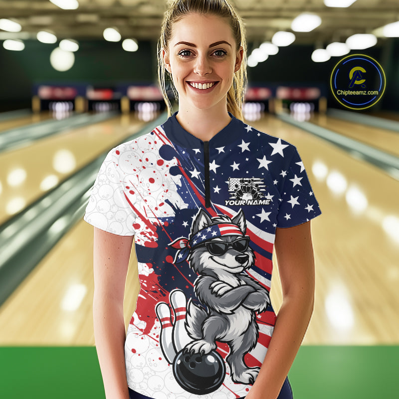 Splatter American Flag Custom Funny Patriotic Wolf Bowling Quarter-Zip Shirt