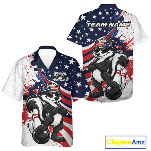 Splatter American Flag Custom Funny Patriotic Skunk Bowling And Button Up Shirt, Team Uniform