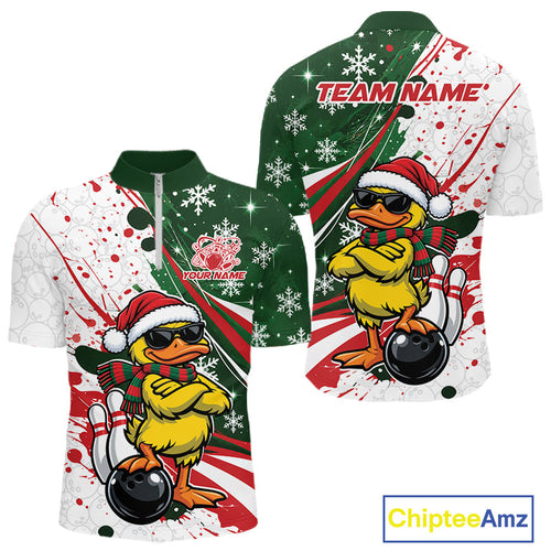 Custom Funny Christmas Yellow Duck Bowling Quarter Zip Shirt, Xmas Bowler Gift