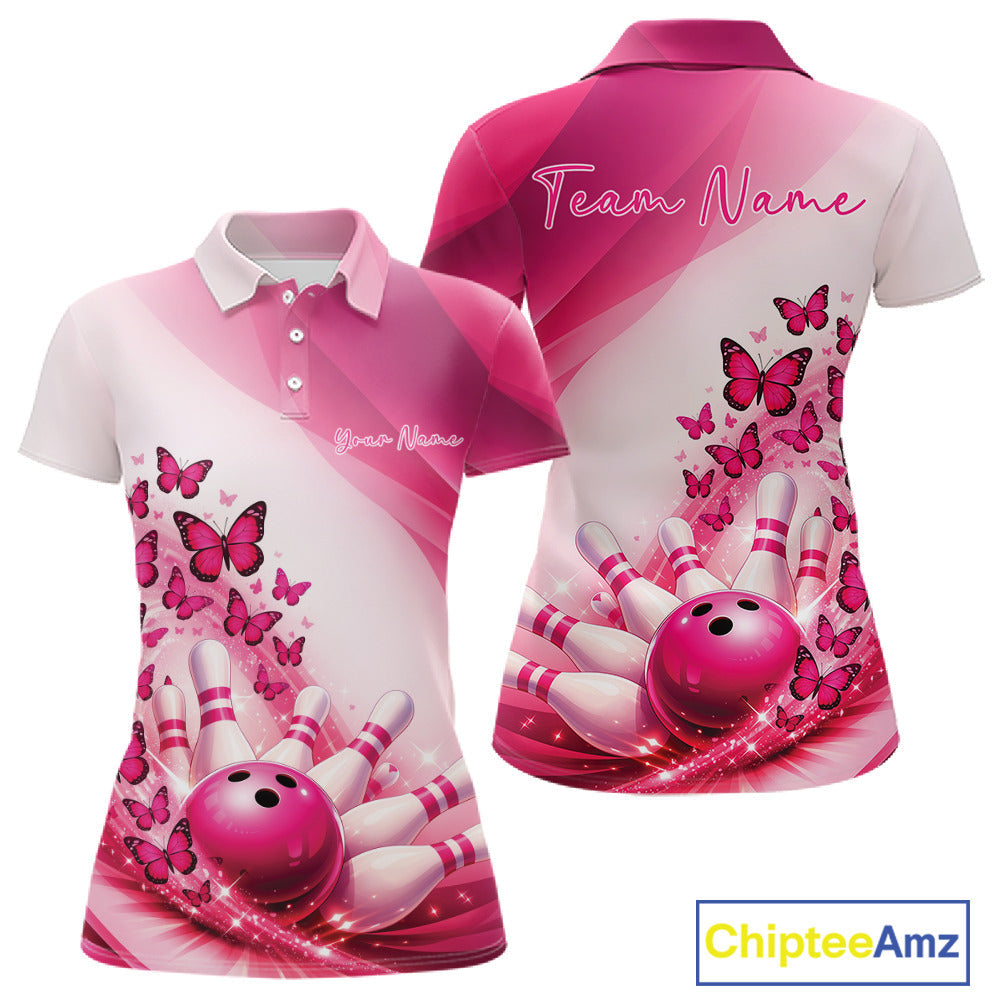 Custom Pink Butterfly Bowling Polo Shirts, Bowling Team Jerseys