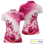 Custom Pink Butterfly Bowling Polo Shirts, Bowling Team Jerseys