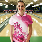 Custom Pink Butterfly Bowling Polo Shirts, Bowling Team Jerseys