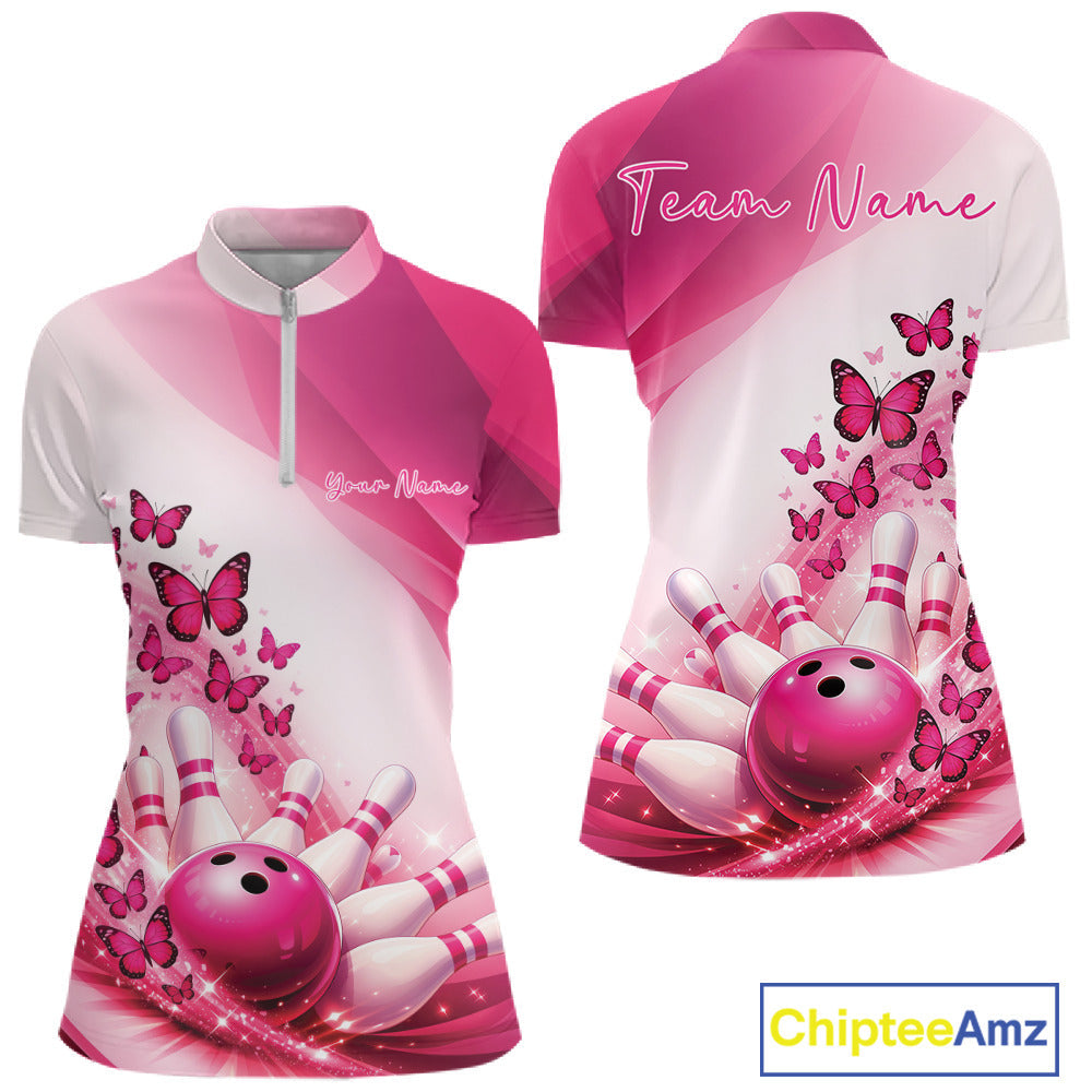 Custom Pink Butterfly Bowling Quarter-Zip Shirts, Bowling Team Jerseys