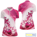 Custom Pink Butterfly Bowling Quarter-Zip Shirts, Bowling Team Jerseys