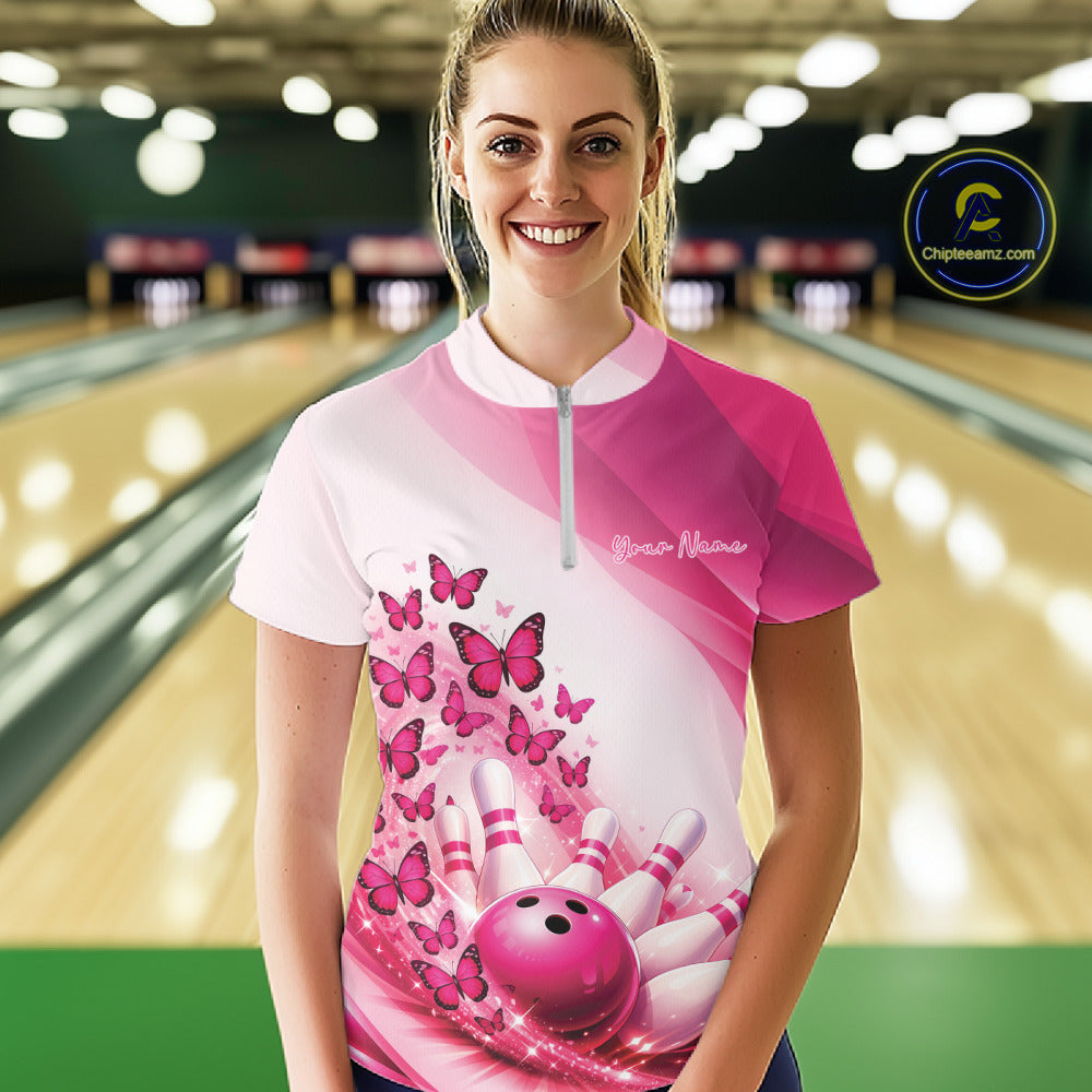 Custom Pink Butterfly Bowling Quarter-Zip Shirts, Bowling Team Jerseys