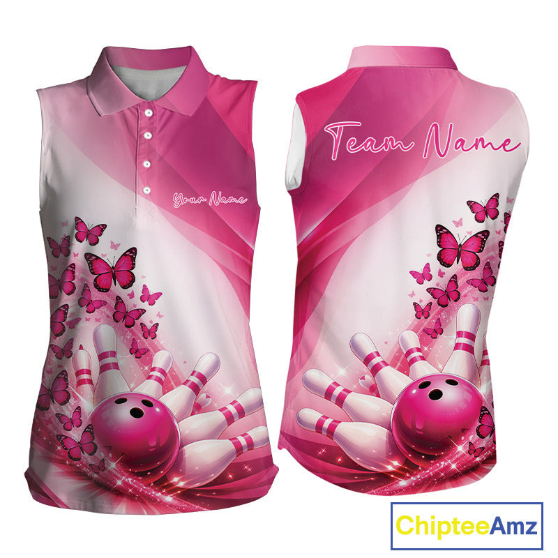 Custom Pink Butterfly Bowling Sleeveless Polo Shirts, Bowling Team Jerseys