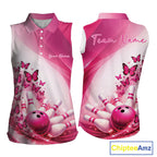 Custom Pink Butterfly Bowling Sleeveless Polo Shirts, Bowling Team Jerseys