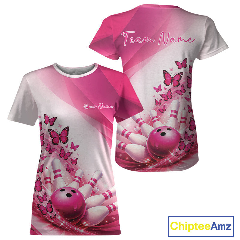 Custom Pink Butterfly Bowling T-Shirts, Bowling Team Jerseys