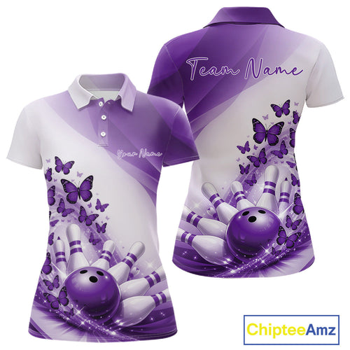 Custom Purple Butterfly Bowling Polo Shirts, Bowling Team Jerseys