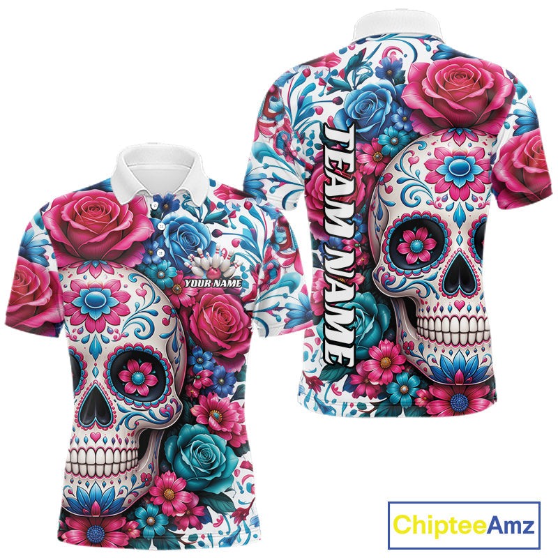 Custom Colorful Rose Sugar Skull Halloween Bowling Team Polo Shirt