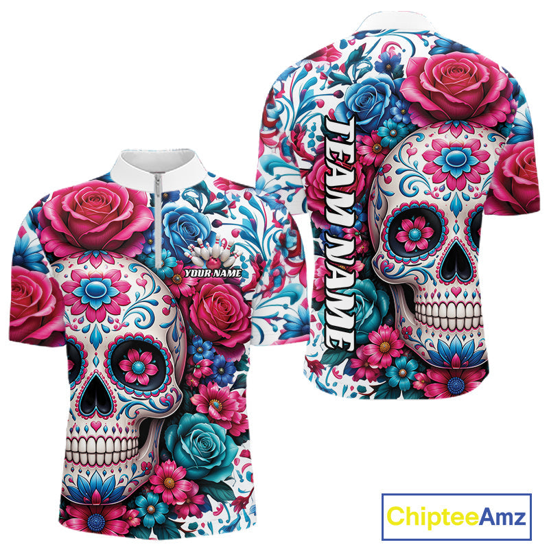 Custom Colorful Rose Sugar Skull Halloween Bowling Team Quarter Zip Shirt