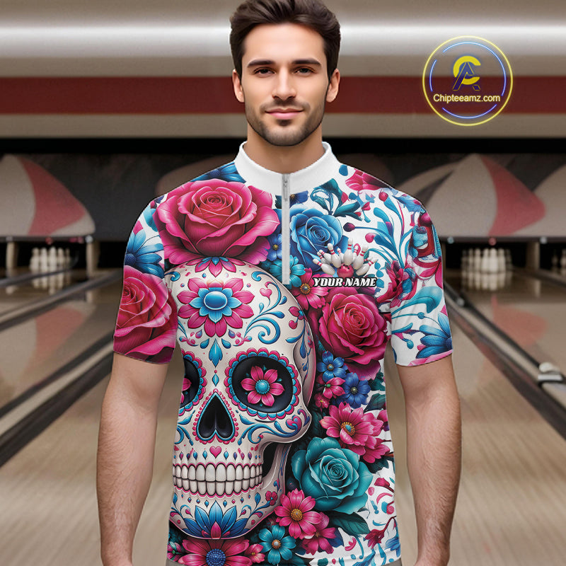 Custom Colorful Rose Sugar Skull Halloween Bowling Team Quarter Zip Shirt