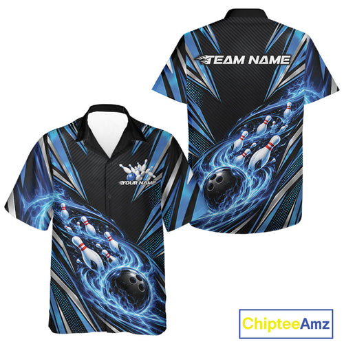 Custom Black And Blue Flame Bowling And Button Up Shirt, Bowling Jersey Bowlers Outfit