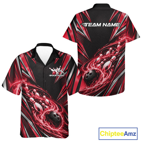 Custom Black And Red Flame Bowling And Button Up Shirt, Bowling Jersey Bowlers Outfit