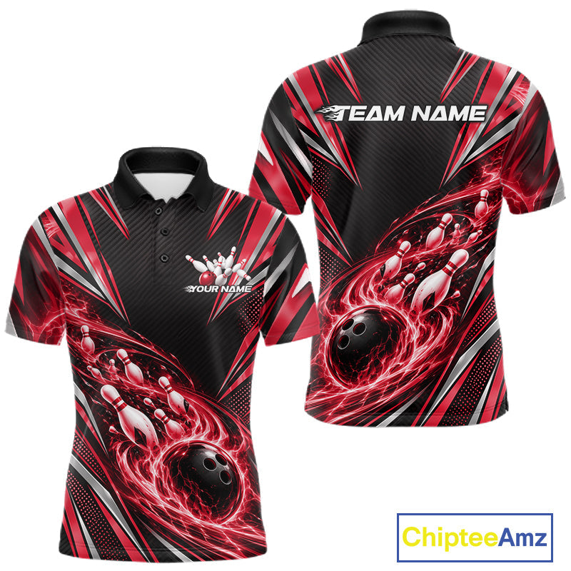 Custom Black And Red Flame Bowling Polo Shirt, Bowling Jersey Bowlers Outfit