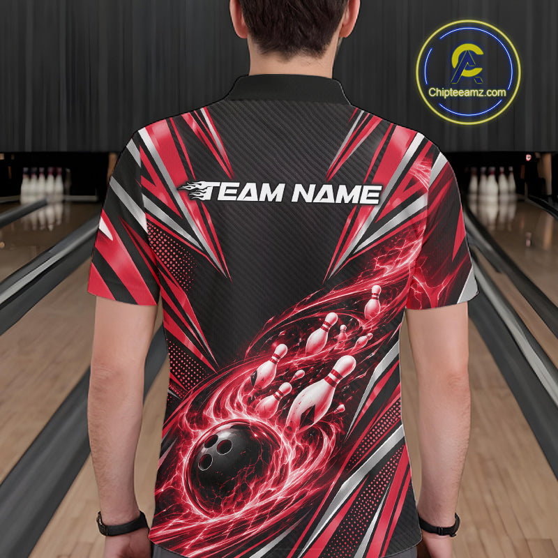 Custom Black And Red Flame Bowling Polo Shirt, Bowling Jersey Bowlers Outfit