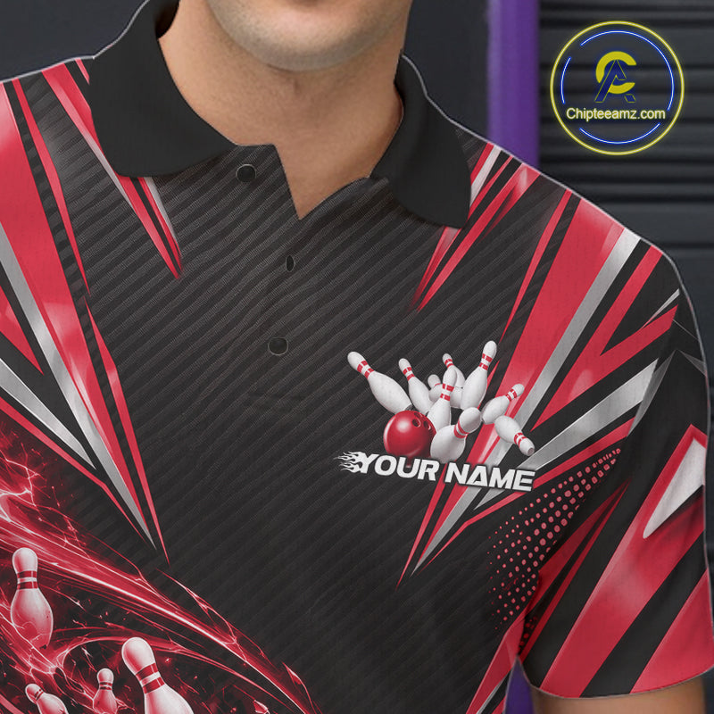 Custom Black And Red Flame Bowling Polo Shirt, Bowling Jersey Bowlers Outfit