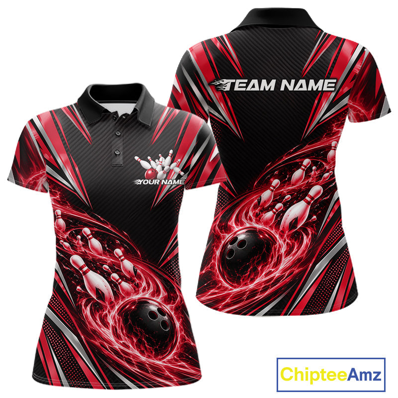 Custom Black And Red Flame Bowling Polo Shirt, Bowling Jersey Bowlers Outfit