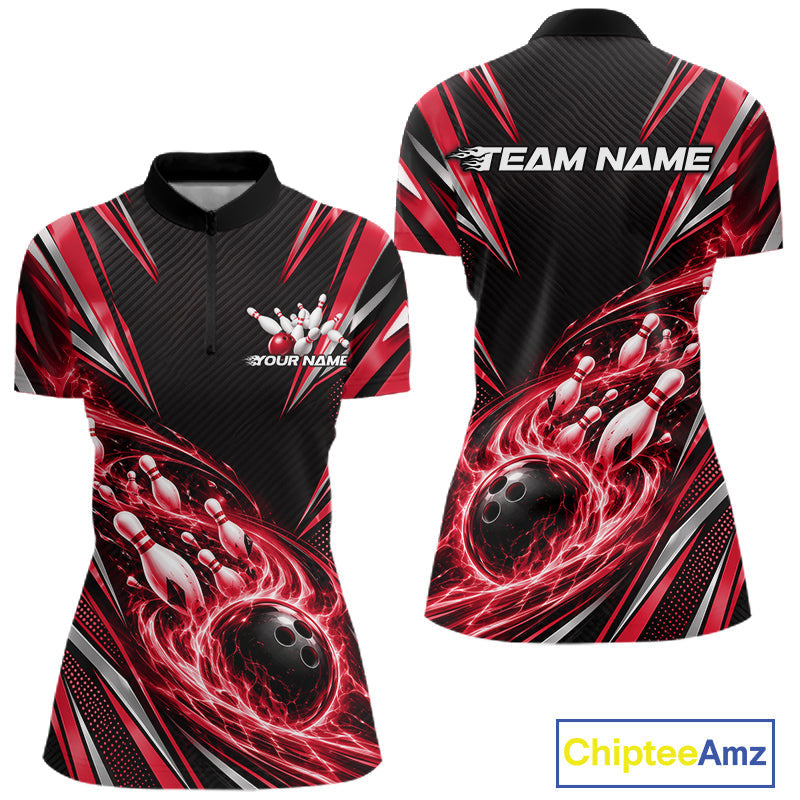 Custom Black And Red Flame Bowling Shirt, Bowling Jersey Bowlers Outfit