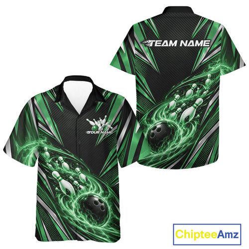 Custom Black And Green Flame Bowling And Button Up Shirt, Bowling Jersey Bowlers Outfit