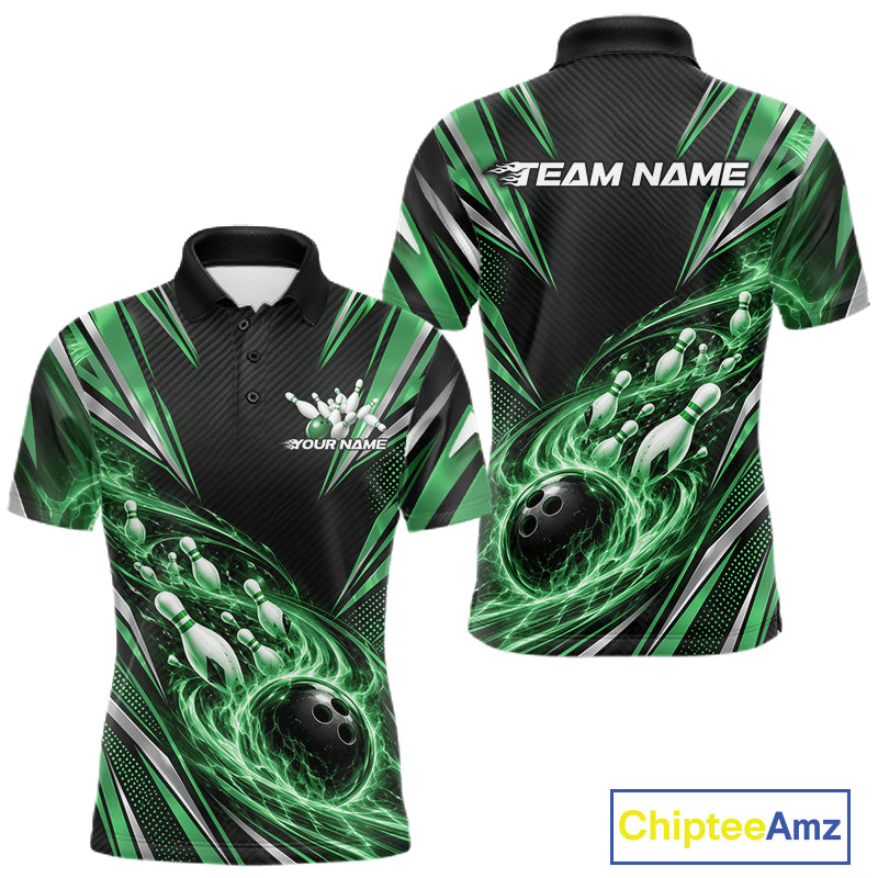 Custom Black And Green Flame Bowling Polo Shirt, Bowling Jersey Bowlers Outfit