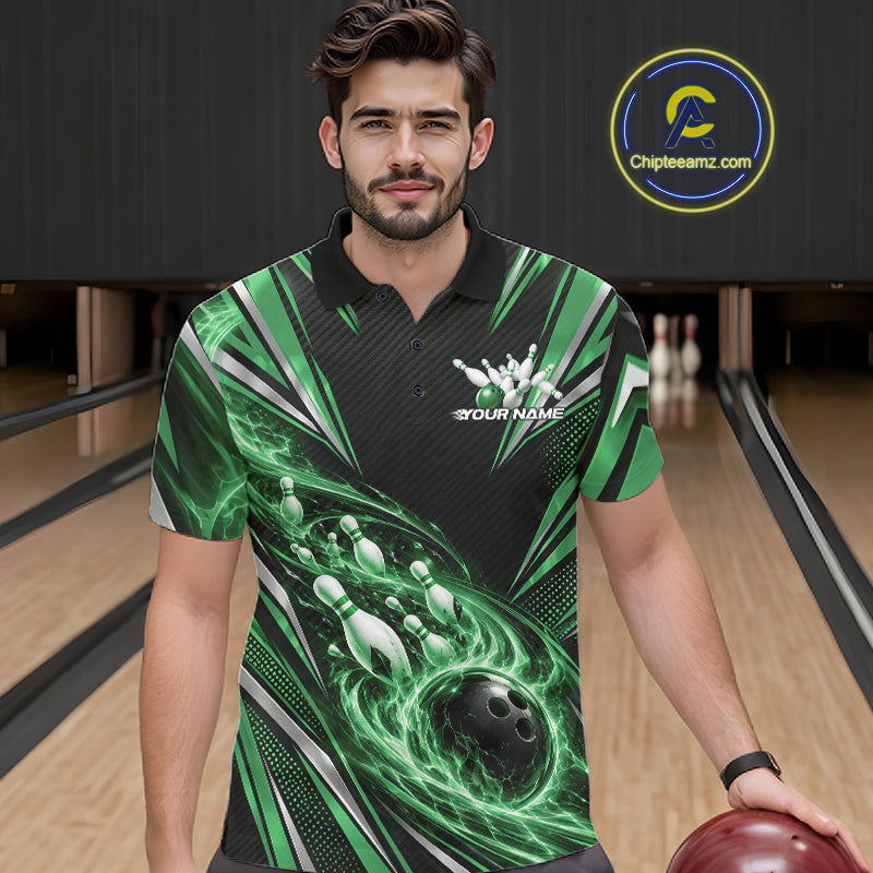 Custom Black And Green Flame Bowling Polo Shirt, Bowling Jersey Bowlers Outfit