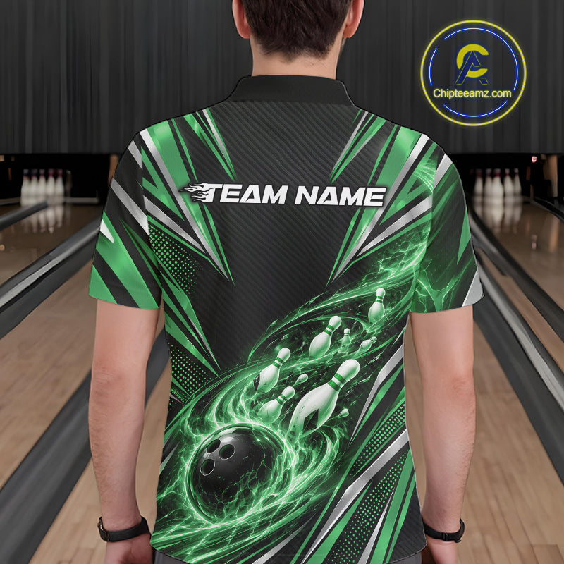 Custom Black And Green Flame Bowling Polo Shirt, Bowling Jersey Bowlers Outfit
