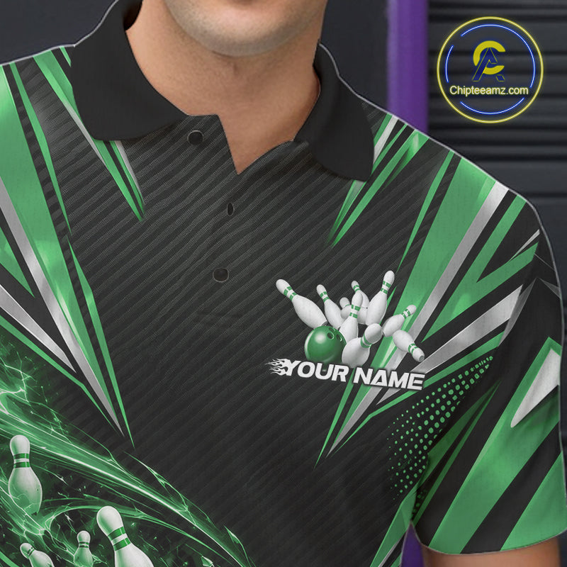 Custom Black And Green Flame Bowling Polo Shirt, Bowling Jersey Bowlers Outfit