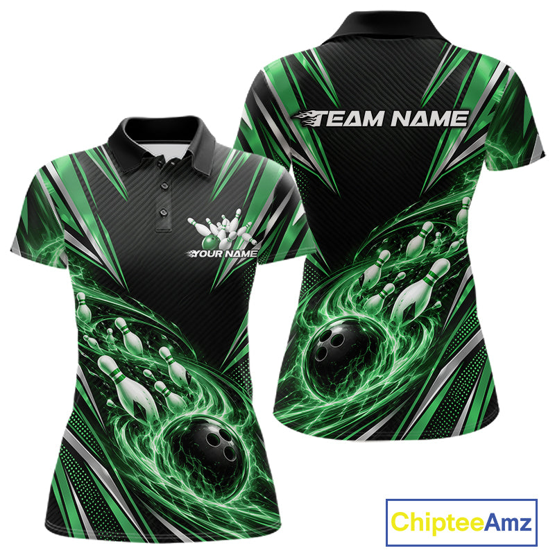 Custom Black And Green Flame Bowling Polo Shirt, Bowling Jersey Bowlers Outfit