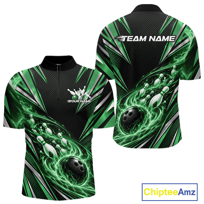 Custom Black And Green Flame Bowling Quarter Zip Shirt, Bowling Jersey Bowlers Outfit