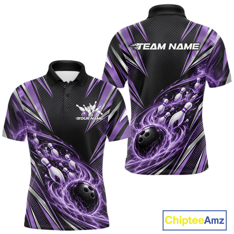 Custom Black And Purple Flame Bowling Polo Shirt, Bowling Jersey Bowlers Outfit
