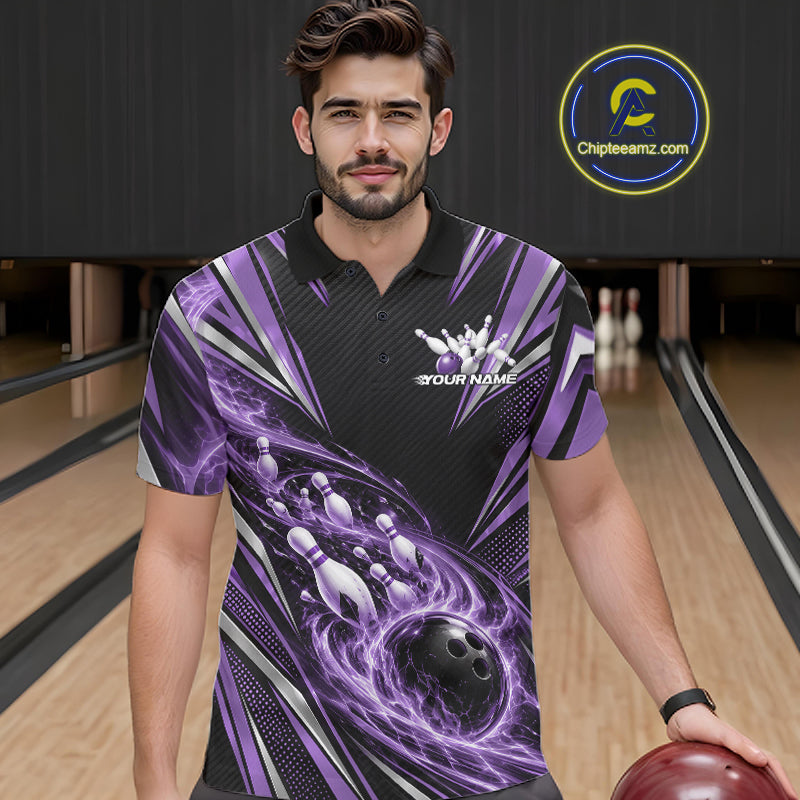 Custom Black And Purple Flame Bowling Polo Shirt, Bowling Jersey Bowlers Outfit