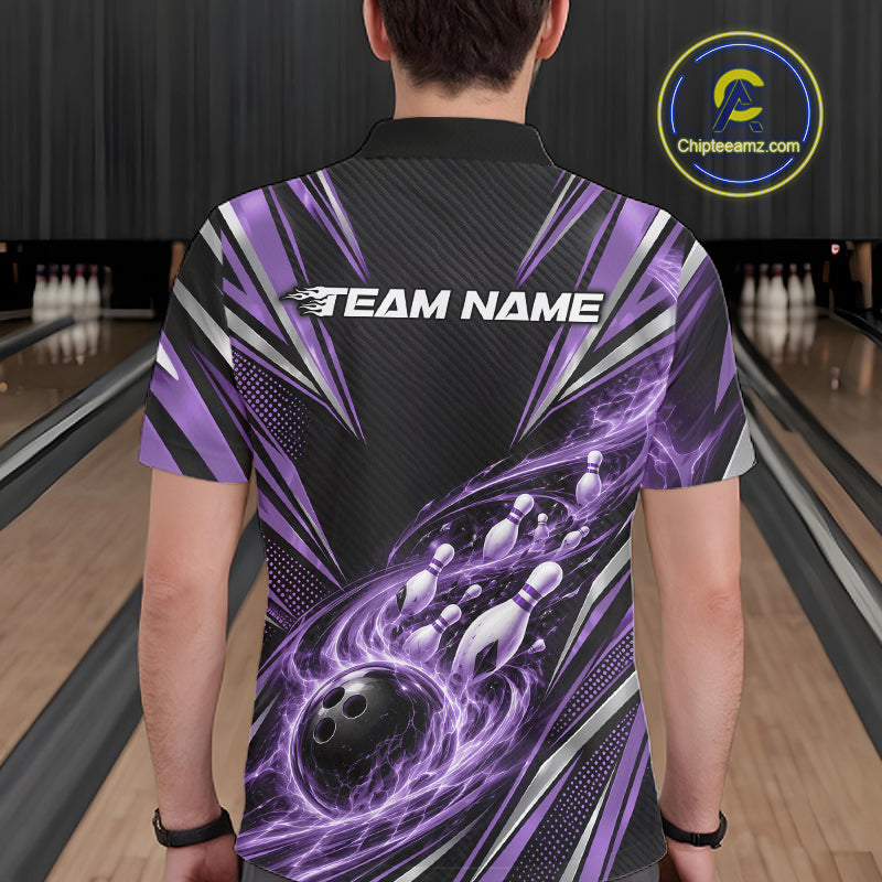 Custom Black And Purple Flame Bowling Polo Shirt, Bowling Jersey Bowlers Outfit