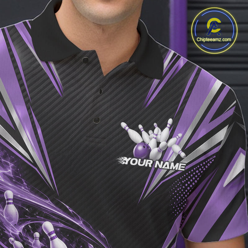 Custom Black And Purple Flame Bowling Polo Shirt, Bowling Jersey Bowlers Outfit