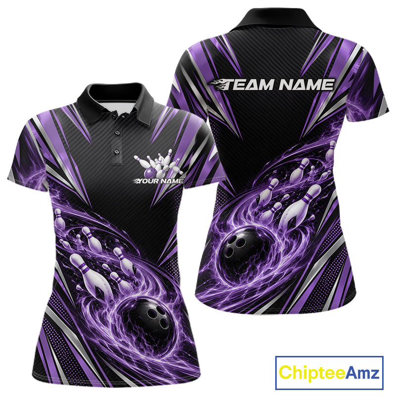 Custom Black And Purple Flame Bowling Polo Shirt, Bowling Jersey Bowlers Outfit