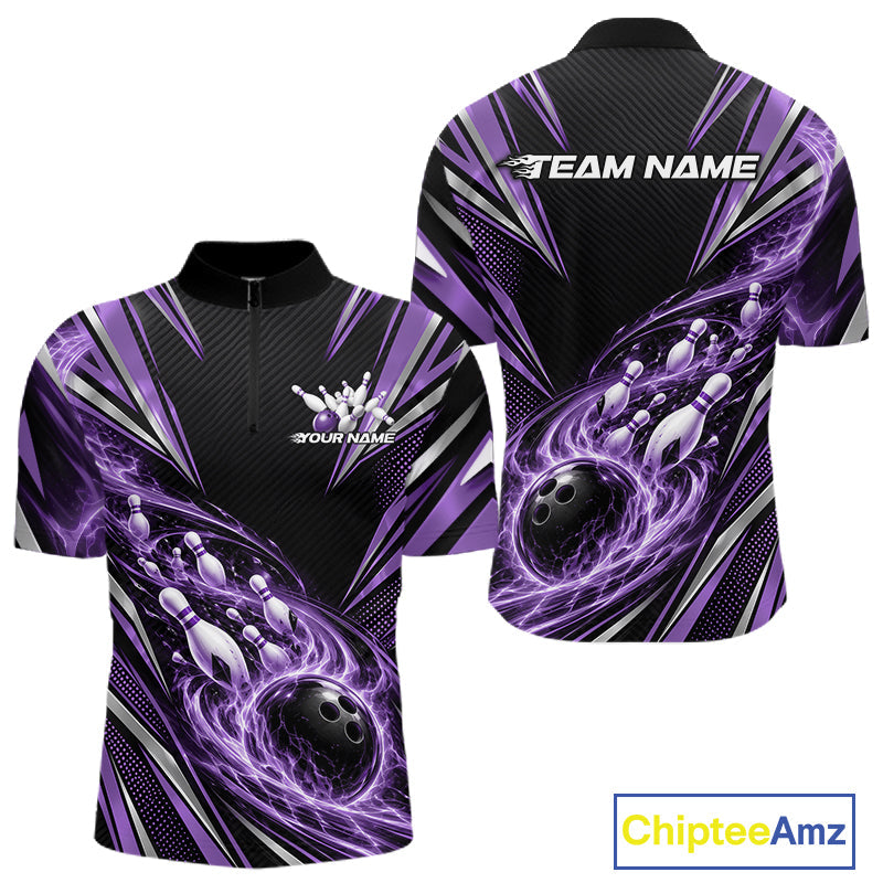 Custom Black And Purple Flame Bowling Quarter Zip Shirt, Bowling Jersey Bowlers Outfit