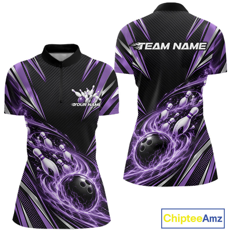 Custom Black And Purple Flame Bowling Shirt, Bowling Jersey Bowlers Outfit