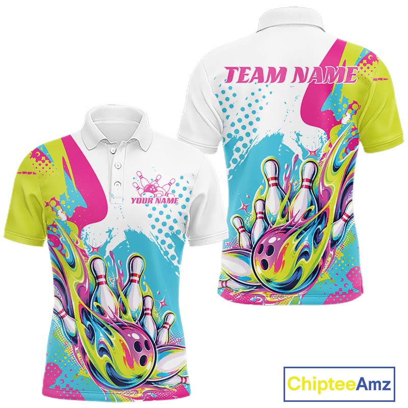 Custom Colorful Flame Bowling Casual Polo Shirt, Bowling Team League Shirt