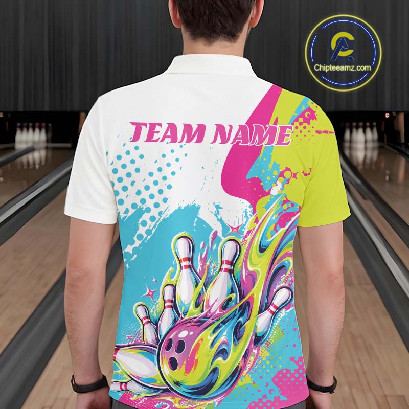 Custom Colorful Flame Bowling Casual Polo Shirt, Bowling Team League Shirt