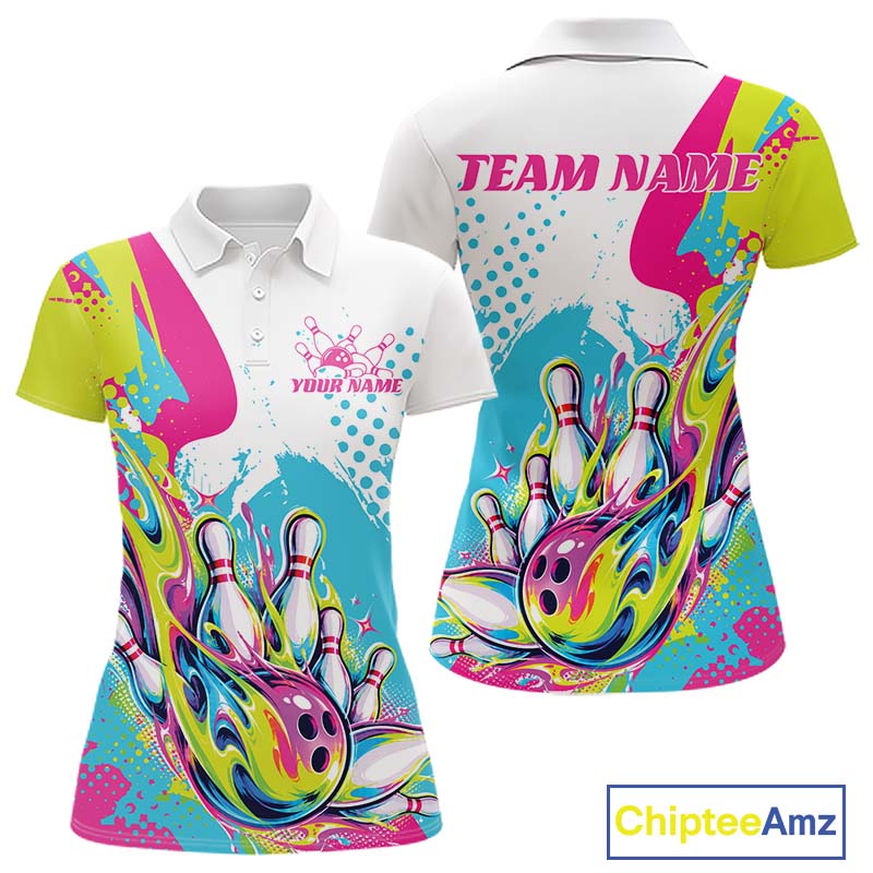 Custom Colorful Flame Bowling Casual Polo Shirt, Bowling Team League Shirt