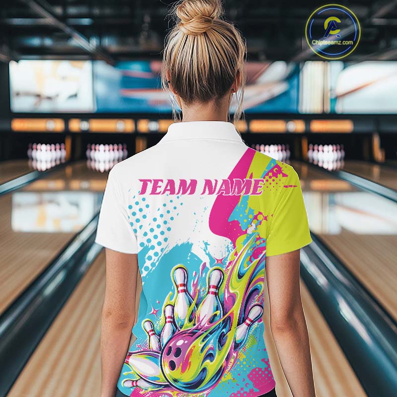 Custom Colorful Flame Bowling Casual Polo Shirt, Bowling Team League Shirt
