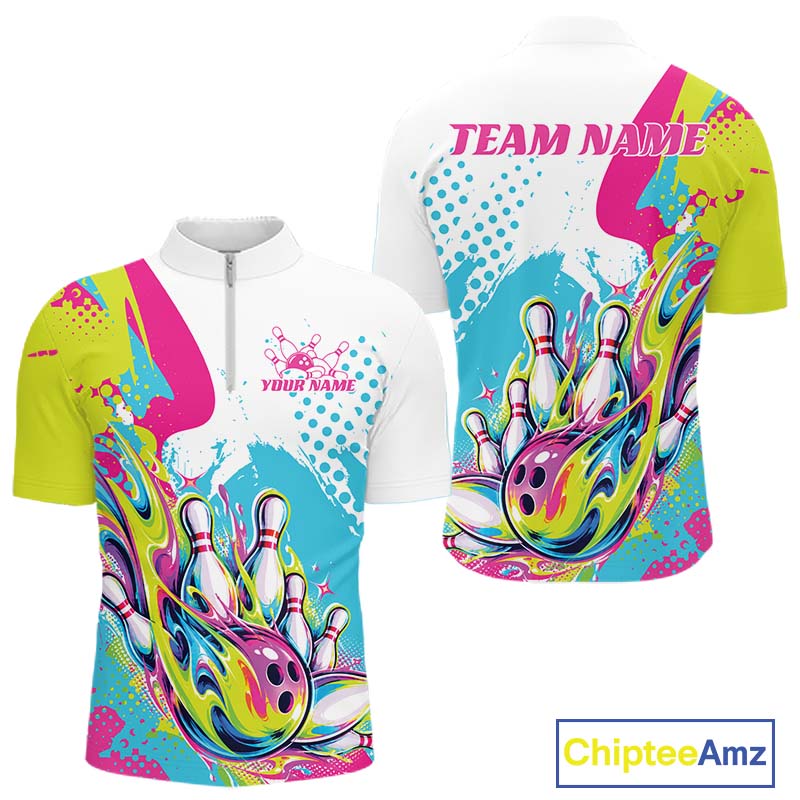 Custom Colorful Flame Bowling Casual Quarter Zip Shirt, Bowling Team League Shirt