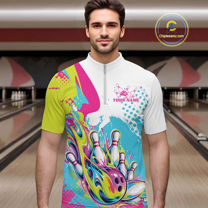 Custom Colorful Flame Bowling Casual Quarter Zip Shirt, Bowling Team League Shirt