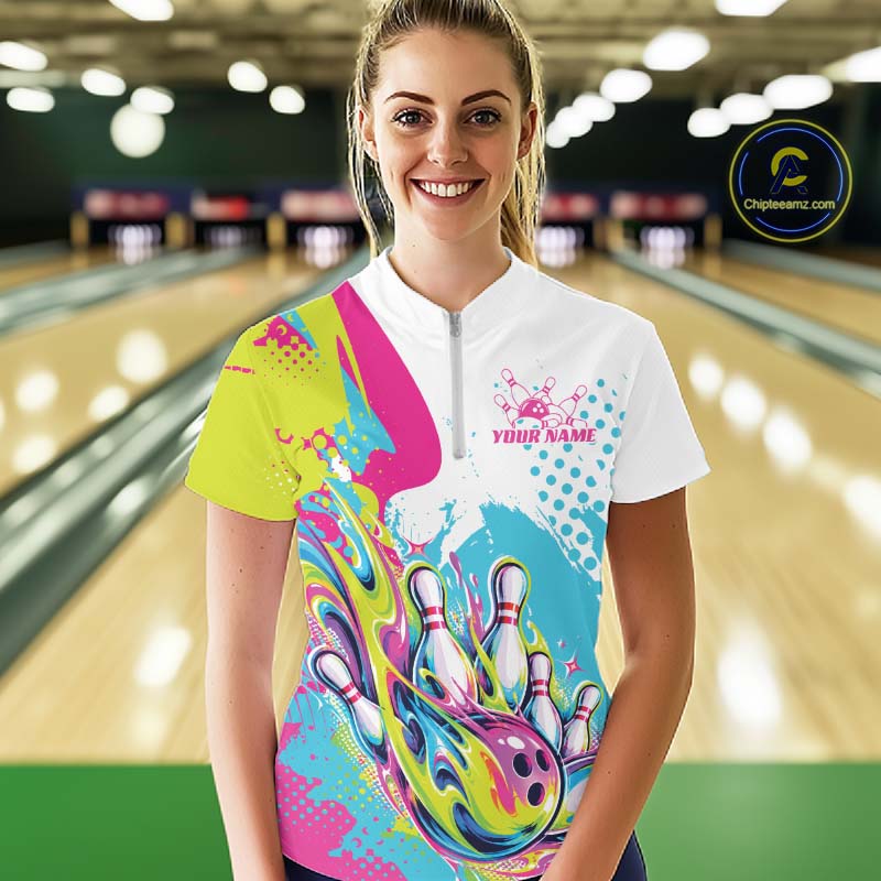 Custom Colorful Flame Bowling Casual Quarter-Zip Shirt, Bowling Team League Shirt