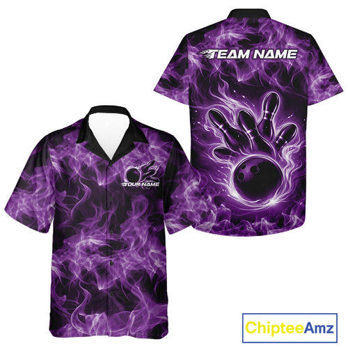 Custom Purple Flame Bowling And Hawaiian Team Shirt, Bowling Tournament Shirt
