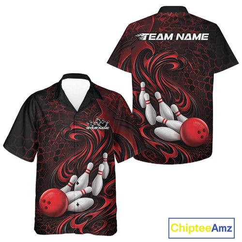 Custom Black And Red Tribal Flame And Bowling Team Shirt, Polygonal Bowling Jerseys